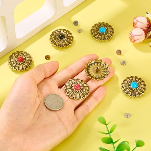 6 Sets Alloy Decorative Rivets Sunflower Vintage Turquoise Rivets Buttons Metal Rapid Coin Rivet Studs for Leather Clothes Bag Purse Craft - color: #06-Sunflower-6 Sets