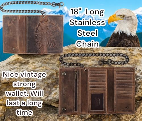 F&L CLASSIC RFID Blocking Mens Tri-fold Long Style Cowhide Leather Steel Chain Wallet,brown eagle head,212-102 - color: brown with eagle head