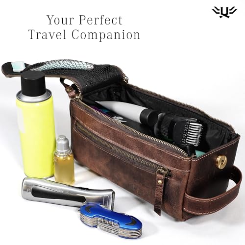 Premium Handmade Leather Toiletry Bags for Men and Women, Genuine Leather Dopp Kit and Shaving Bag for Men, Travel Cosmetic Bag for Women's and Men's, Zipper Pocket, Chocolate - color: Chocolate Brown (Large)
