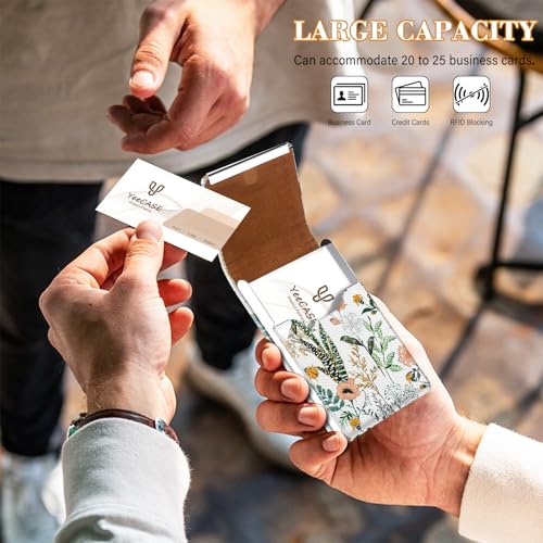 2Pack Leather Stainless Steel Business Card Holder, Metal Slim Business Card Case for Women or Men, Pocket Business Card Carrier with Prints, Magnetic Closure, RFID Blocking - color: Flower-Grass