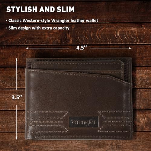 Wrangler Removable Passcase Wallet for Men, Bifold Tumbled Leather Wallet with RFID, Brown - color: Brown