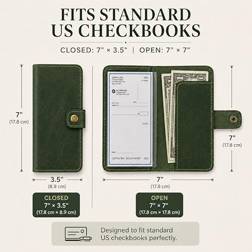 Genuine Leather Checkbook Cover Green - Handmade Check Holder with Divider & ID Window, Slim Organizer Wallet for Business, Travel & Everyday Use, 3.5 x 7 in - color: Green Leather Checkbook Cover