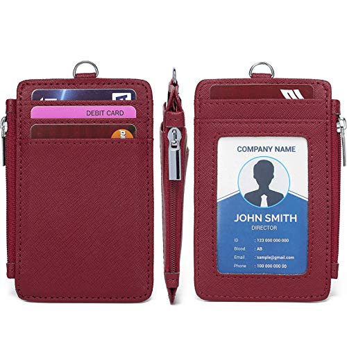 ID Badge Holder with Neck Lanyard PU Leather ID Badge Wallet Case with 1 ID Window, 4 Card Slots, 1 Side Zipper Pocket (Red) - color: Red