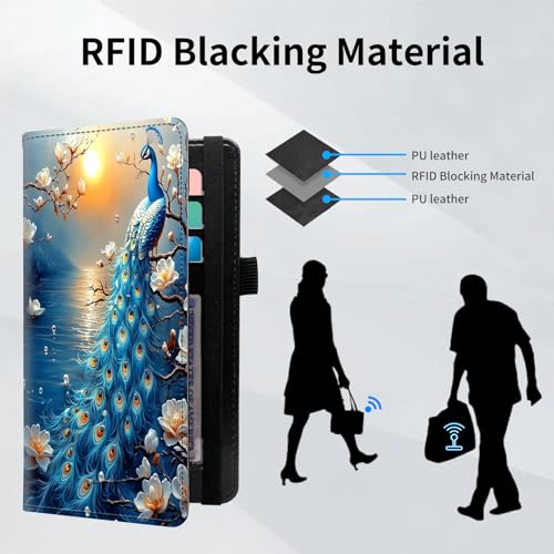 Checkbook Cover for Women and Men, RFID Blocking PU Leather Checkbook Holder Wallet Case with Elastic Strap & Multiple Card Slots, for Checks and Cards, Peacock Magnolia Sunset - color: Peacock Magnolia Sunset