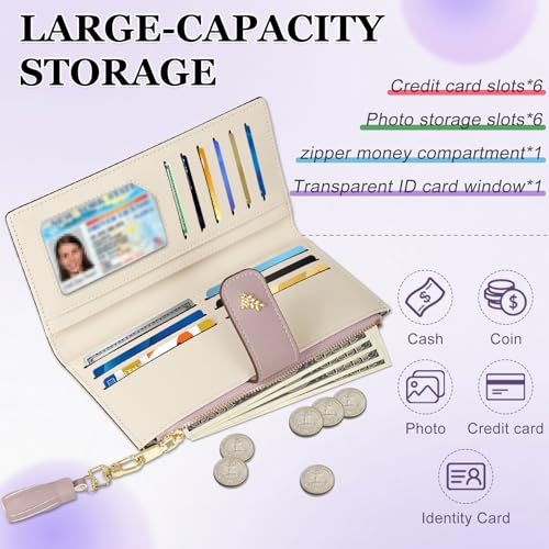 Womens Slim Bifold Wallet RFID Blocking PU Leather Floral(Purple) | Zipper Pocket, Card Holder, Tassel Accent, Long Ladies Style, RFID Blocking - color: Purple