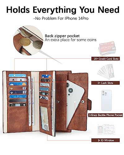 BOSTANTEN Womens Leather Wallet RFID Large Capacity Credit Card Holder | 20 Card Slots, Phone Holder, Zipper Coin Pocket, Clutch Wallet, Long Bifold, Ladies Gifts, Apricot - color: D-Beige＆Brown