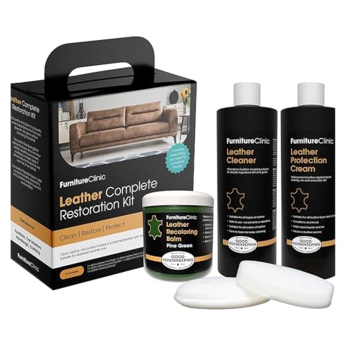 Furniture Clinic Leather Complete Restoration Kit | with Leather Recoloring Balm, Cleaner, 2-in-1 Protection Cream & Conditioner, Sponge, and Cloth | Repair Kit for Furniture (Pine Green) - color: Pine Green, size: Complete Kit