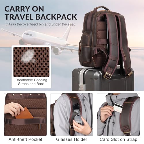 TIDING Men's Leather Backpack 14" & 15.6" Laptop Business Travel Daypack | Thick Sponge Padded Laptop & Tablet Sleeves, Water Bottle Holder, Luggage Strap, Anti-theft Pocket, Large Capacity - color: Dark Brown(fits 14" Laptop)