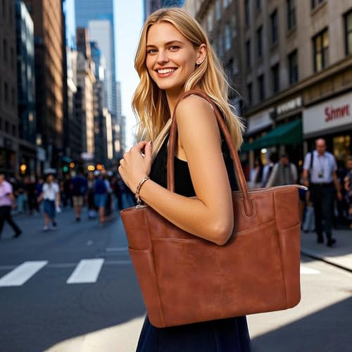 Large Tote Bag for Women Work Vegan Leather 23L Tote Purse Zipper | Ladies Handbags, Weekender Bag, Big Capacity, 2 Side Pockets, Travel, Shoulder Bag with Key Leash, Dating, Shopping, College - color: A1-brown