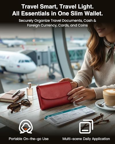 Premium Leather Wallet, Multi-Slot Card Holder with ID Window, Zipper Coin Purse, First Layer Leather (Red & Black) - color: Red & Black