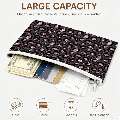 Money Bag with Zipper, Cute PU Leather Cash Bags, Portable Bank Bag Money Pouch for Cash, Coins, Checks, Receipts, Invoices Cosmetics Tools, Deposit Bag for Office Travel, Pink Leopard - color: Pink Leopard