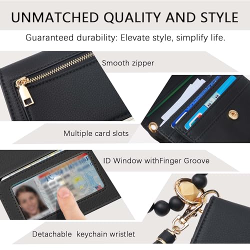 Keychain Wallet for Women,RFID Wristlet Wallet with Beaded Strap | Tri-Fold Design,6 Card Slots,ID Window,Zipper Coin Pocket,Lightweight Carry - color: Black