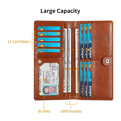 Ultra Slim Thin Leather Women Wallet RFID Blocking Credit Card Holder Bifold Long Ladies Billfold - color: 1-waxed Brown