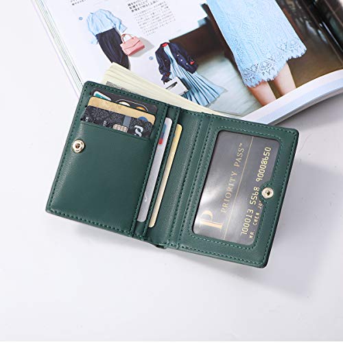 Women Wallets Small Bifold Leather Pocket Wallet Ladies Mini Short Purse - color: Dark Green