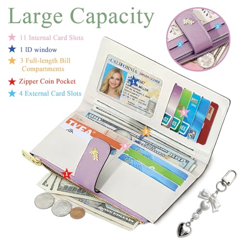 Women's Bifold Long Wallet, Slim & Thin RFID Blocking Floral Vegan Leather Card Holder with Bow Keychain (Purple) - color: Purple