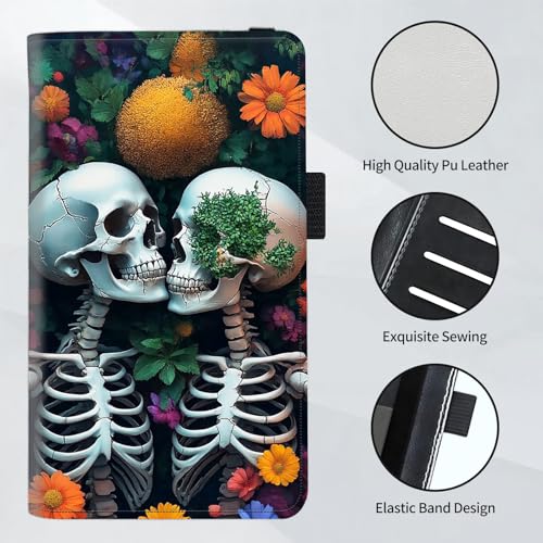 Checkbook Cover for Women and Men, RFID Blocking PU Leather Checkbook Holder Wallet Case with Elastic Strap & Multiple Card Slots, for Checks and Cards, Blossoming Skull Lovers - color: Blossoming Skull Lovers