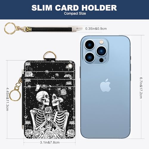 Slim Wallet Credit Card Holder, Skeletons and Flowers, RFID Wallet Women Cute Small Front Pocket Wallet With Zipper, PU Leather Thin travel RFID Blocking Card Case ID Window,Ladies Gifts - color: Skeletons and Flowers