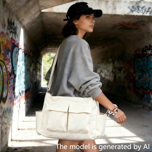 Canvas Messenger Bag for Women, Grunge Bag with Fairy Grunge Bracelet, Crossbody Bag with Bracelets Fairy Grunge Clothes - color: White