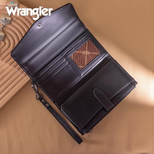 Montana West X Wrangler Womens Wallet Large Capacity Long Compact | Black Wallet for Women Wristlet Wallet with Rfid Lining Trifold Cash Wallet with Coin Purse and Detachable Wrist Strap - color: Trifold-Black