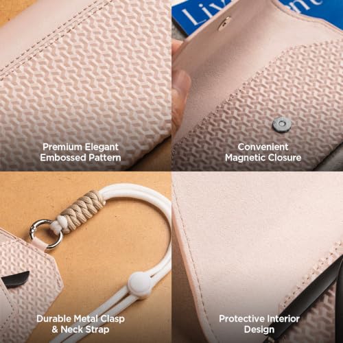 VULKIT Portable Leather Eye Glasses Case for Women & Men, Slim Sunglass Case, Unisex Eyeglass Case - color: Nude Apricot With Lanyard