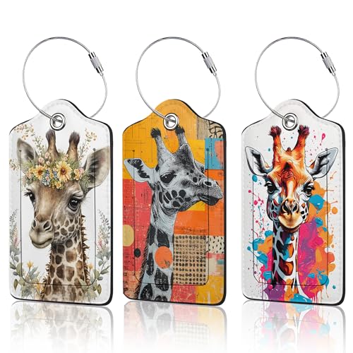 Cute Giraffe Luggage Tags for Suitcase,3 Pack Funny Luggage Tag Leather Privacy Cover ID Label with Stainless Steel Loop for Women Men - color: Cute Giraffe