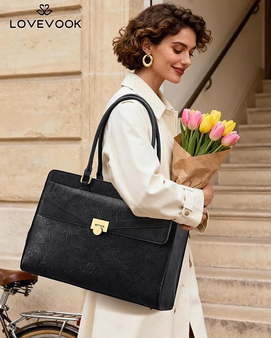 LOVEVOOK Laptop Tote Bag for Women, PU Leather Work Bag, Teacher Tote - color: Black Embossed, size: 15.6 inch-with lunch compartment