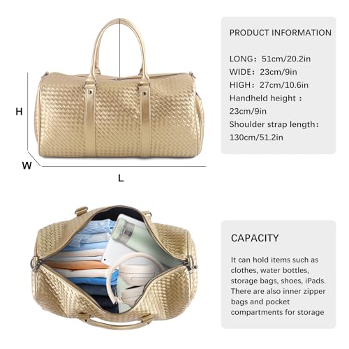 Weekender Bags for Women Woven Leather Travel Duffle Bag Gym Tote (Gold) | Carry On Bag for Men with Shoe Compartment Dry and Wet Separation - color: Gold