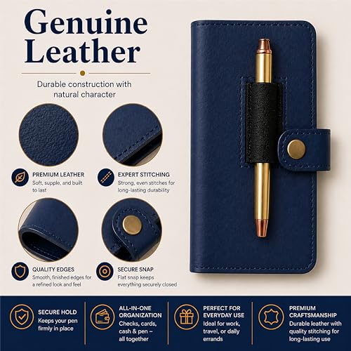 Genuine Blue Leather Checkbook Cover - Handmade Check Holder with Divider & ID Window, Slim Organizer Wallet for Business, Travel & Everyday Use, 3.5 x 7 - color: Blue Leather Checkbook Cover