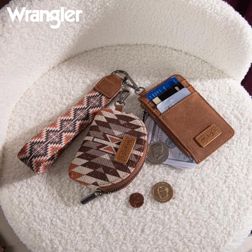Wrangler Aztec Keychain Wristlet Wallets for Women Western Dual Pouch Wristlet Credit Card Holder Wallet with Zipper Pocket WG2213-W0051BR - color: Angel Brown