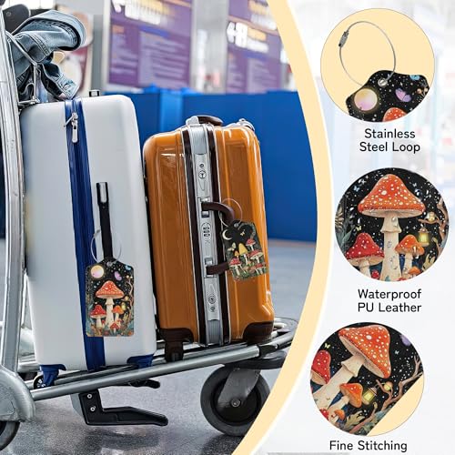 3 PCS Mushroom Luggage Tags,Colorful Butterfly Moon Star Suitcase Tags Privacy Cover ID Label with Stainless Steel Loop and Address Card for Travel Bag Suitcase - color: Mushroom Colorful Butterfly Moon Star