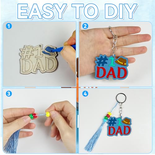 Cinrobiye 24 Sets Father's Day Keychain Craft Kit DIY Wooden Keychain Painting Set with Colored Pens for Kids Classroom Activities School Crafts Home Projects Party Favors - style: Dad