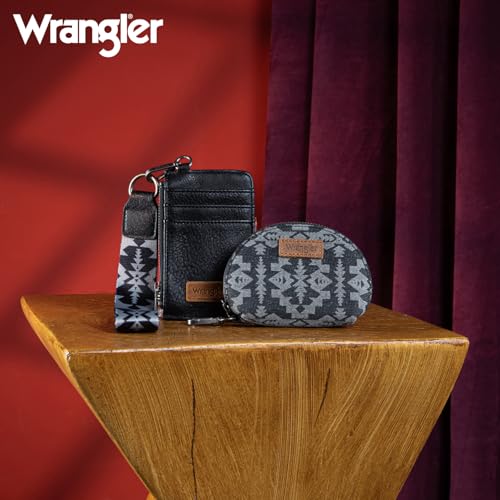 Wrangler Aztec Keychain Wristlet Wallets for Women Western Dual Pouch Wristlet Credit Card Holder Wallet with Zipper Pocket WG2212-W0051BK - color: Retro Black