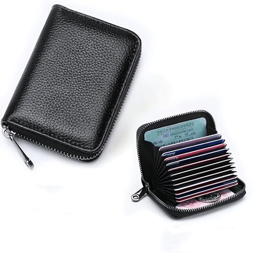 Credit Card Holder Genuine Leather Small Card Wallet (Black 11) | 11 Card Slots RFID Blocking Accordion Wallet with Zipper - color: Black 11