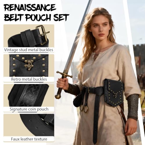 Renaissance Belt Pouch Medieval Pirate Costume Accessories Set for Cosplay | Viking Faux Leather Waist Bag, Skirt Hike Clips, Perfect for Women and Men Ren Faire, LARP, Fantasy, Halloween - color: Black-B