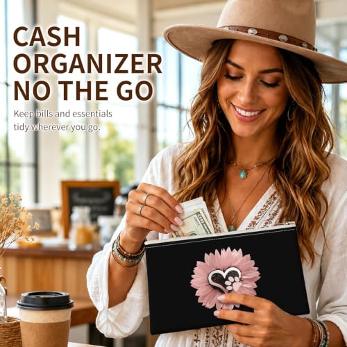 Money Bag with Zipper, Cute PU Leather Cash Bags, Portable Bank Bag Money Pouch for Cash, Coins, Checks, Receipts, Invoices Cosmetics Tools, Deposit Bag for Office Travel, Pink Sunflower - color: Pink Sunflower