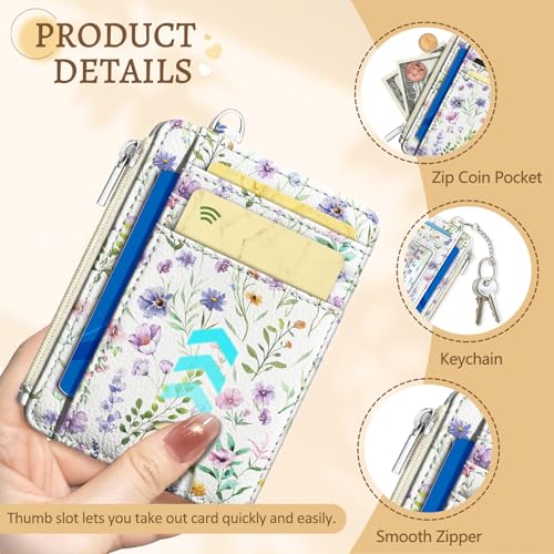 Kelvoris Credit Card Holder Small Wallet Women, Slim RFID, Flowers | Keychain, Zipper Coin Pocket, Front Pocket Thin Travel Card Case, Minimalist, 6 Card Slots, 1 ID Window, Ladies Gifts Woman - color: Purple Flower