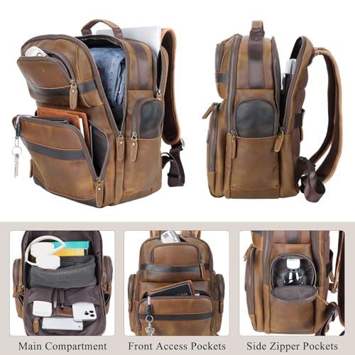 TIDING Men's Leather Backpack 14" & 15.6" Laptop Business Travel Daypack | Thick Sponge Padded Laptop & Tablet Sleeves, Water Bottle Holder, Luggage Strap, Anti-theft Pocket, Large Capacity - color: Brown(fits 15.6" Laptop)