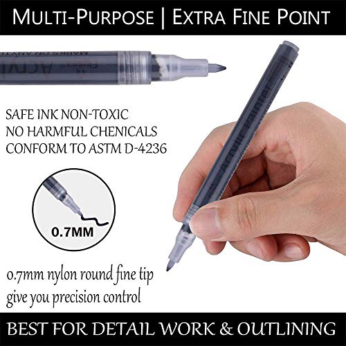 NAWOD Paint Pens White Black Acrylic Marker 6 Pack, Acrylic Permanent Marker, White Paint Pens for Rock Ceramic Wooden Leather Glass Painting Metal Tire, 0.7mm Extra Fine Point Quick Drying - color: Extra fine Tip