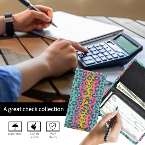 Checkbook Cover for Personal Checkbook, Cute Pu Leather Check Book for Women & Men, Slim Checkbook Holder with Pen Holder and Built-in Clear Plastic Divider, Rainbow Leopard - color: Rainbow Leopard