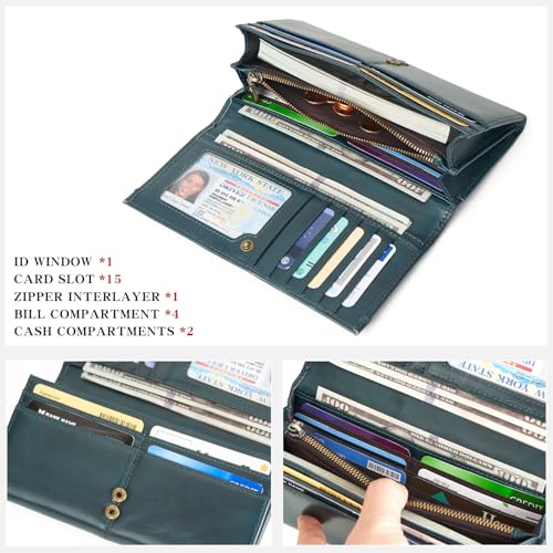 RFID Blocking Wallets for Women Leather Long Ladies Wallet Bifold Womens Wallet with Coin Pocket ID Window,Blue - color: Blue