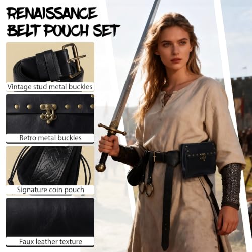 Renaissance Belt Pouch Medieval Pirate Costume Accessories Set for Cosplay | Viking Faux Leather Waist Bag, Skirt Hike Clips, Perfect for Women and Men Ren Faire, LARP, Fantasy, Halloween - color: Black-D