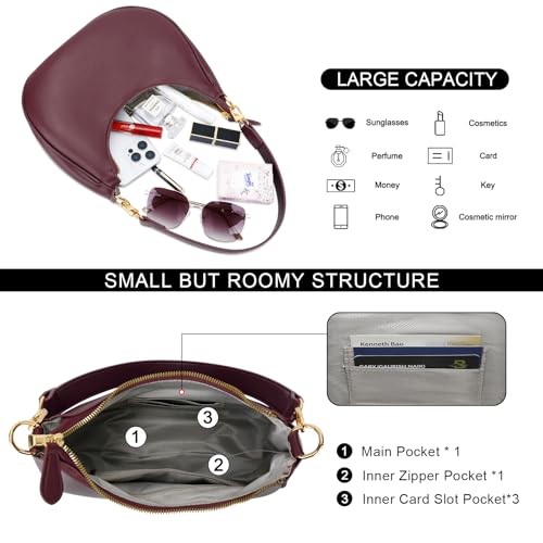 KKXIU Small Shoulder Bag for Women Mini Clutch Purses Cute Hobo Handbags | Classic Trendy Retro Underarm Crossbody Bag with Detachable Straps, Vegan Leather, Zipper Closure - color: Burgundy