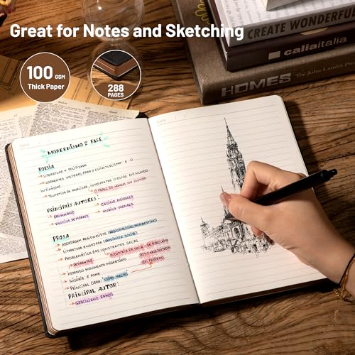 CAGIE Compass Leather Journal for Men Women, A5 Lined Notebook Writing Gift | 288 Pages 100 GSM Acid-free Paper, Bleed-free, Pen holder, Lay Flat, For Daily Writing, Office, Gifting - color: Black