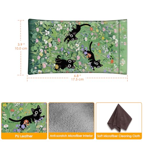 FINTIE Soft Eyeglasses Case with Cleaning Cloth, Squeeze Top Glasses Pouch | Sunglasses Eyewear Bag, Vegan Leather, For Reading /Prescription Glasses Storage, For Women Daily Carry - color: Black Cats