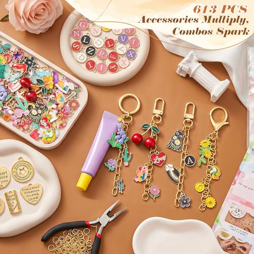 Ecoofor 613 PCS Charms Lip Gloss Keychain Making Kit, Bag Charm Kit with 178 Charms, 25 Keychain Clips & Extender Chains, Jewelry Pliers, Gift Bags & DIY Keychain Craft Supplies - color: Gold-613Pcs Kit