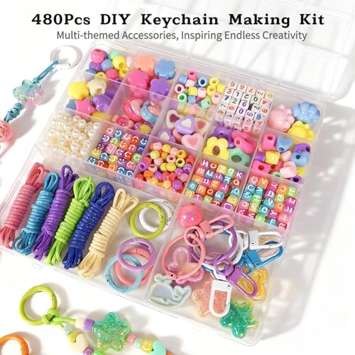 Kupor 480PCS DIY Keychain Making kit - Vibrant Color Beads with Organized Storage Box, Versatile Bag Charms Supplies, Multi-Functional Bead kit for Keychains/Bag Charms, Beginners Craft Lovers Gift