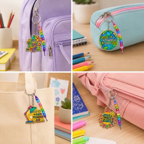 Cinrobiye VBS 2026 Wooden Keychain Craft Kit, 24 Sets Color Your Own Jesus Light of the World Keychains with Beads, Christian Craft for Sunday School, Bible Class, Church VBS Activities - style: VBS