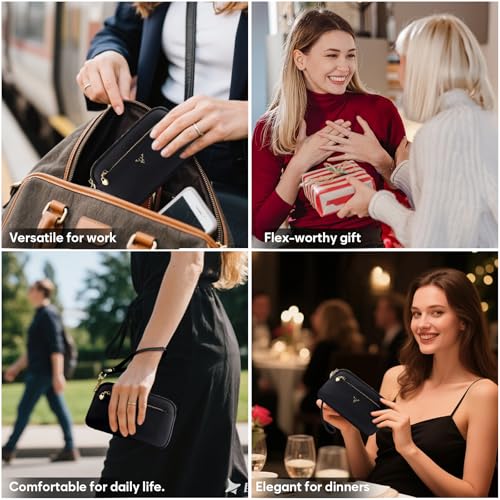 Genuine Leather Wristlet Wallets for Women Clutch Purse with Detachable Strap Slim Phone Wallet for Travel Wedding - color: Black