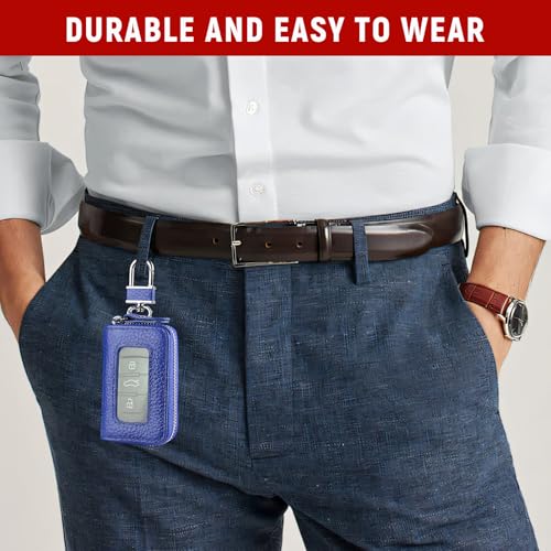 Car Key Fob Case, Remote Keys Storage Bag with Metal Hook & Transparent Window, Waterproof Leather Auto Key Fob Holder Keychain Zipper Bag for Women Men, Car Accessories (Royal Blue) - color: Royal Blue