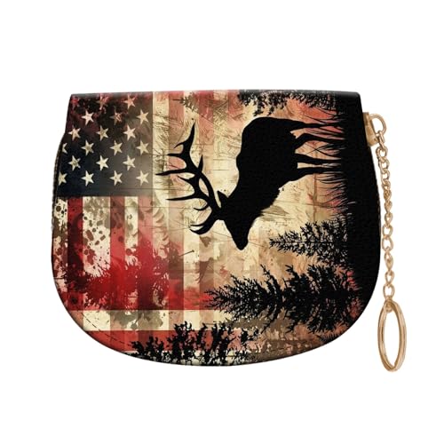 RFID Credit Card Holder Wallet for Women, Small Leather Card Case with Zipper Keychain, Slim Accordion Card Organizer for Cash Coins ID Business Cards,American Flag Deer - color: American Flag Deer, size: Wallet-B